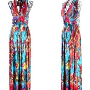 New M/L peacock print maxi dress